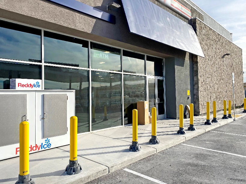 Bollards in front of convenience stores prevent damage to property and injury to customers.